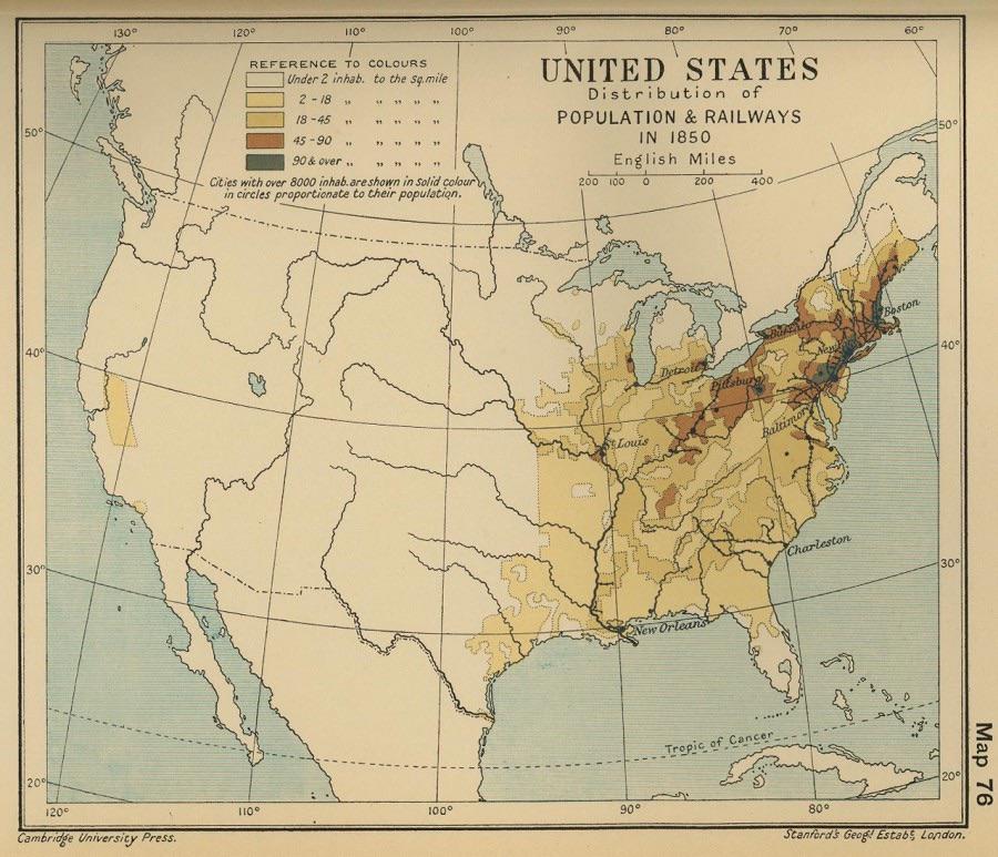 Gęstość zaludnienia USA i koleje w 1850 r.