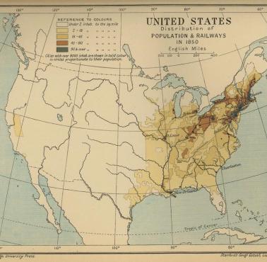 Gęstość zaludnienia USA i koleje w 1850 r.