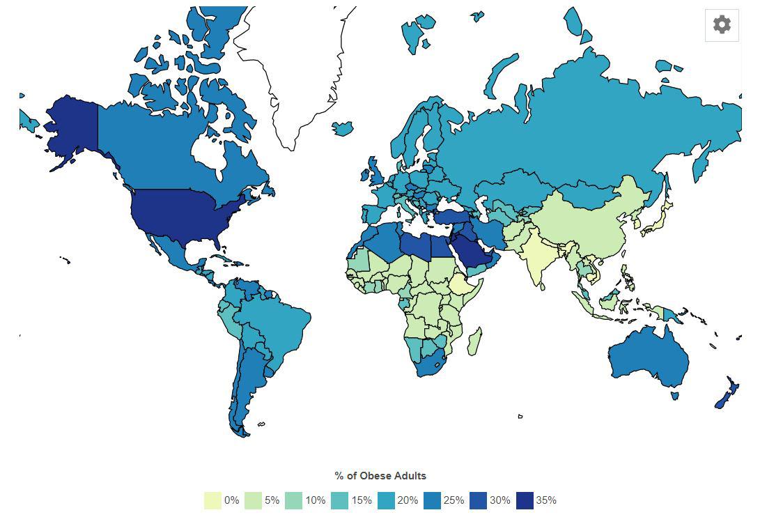 Odsetek osób mających problem z otyłością w poszczególnych krajach świata w 2023 r.