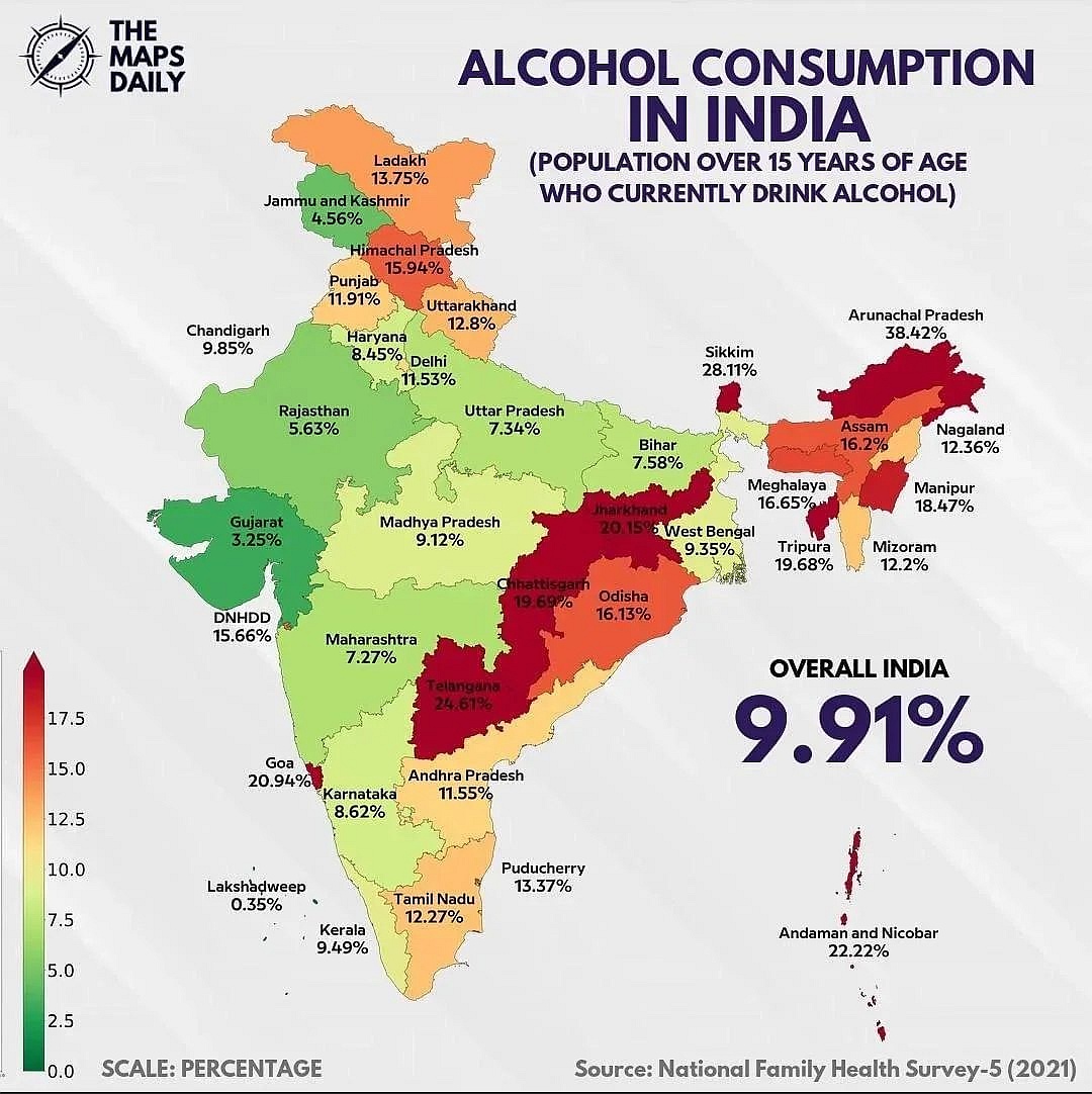 Odsetek osób dorosłych (więcej niż 15 lat) z podziałem na regiony w Indiach, które piją alkohol, 2021