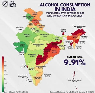 Odsetek osób dorosłych (więcej niż 15 lat) z podziałem na regiony w Indiach, które piją alkohol, 2021