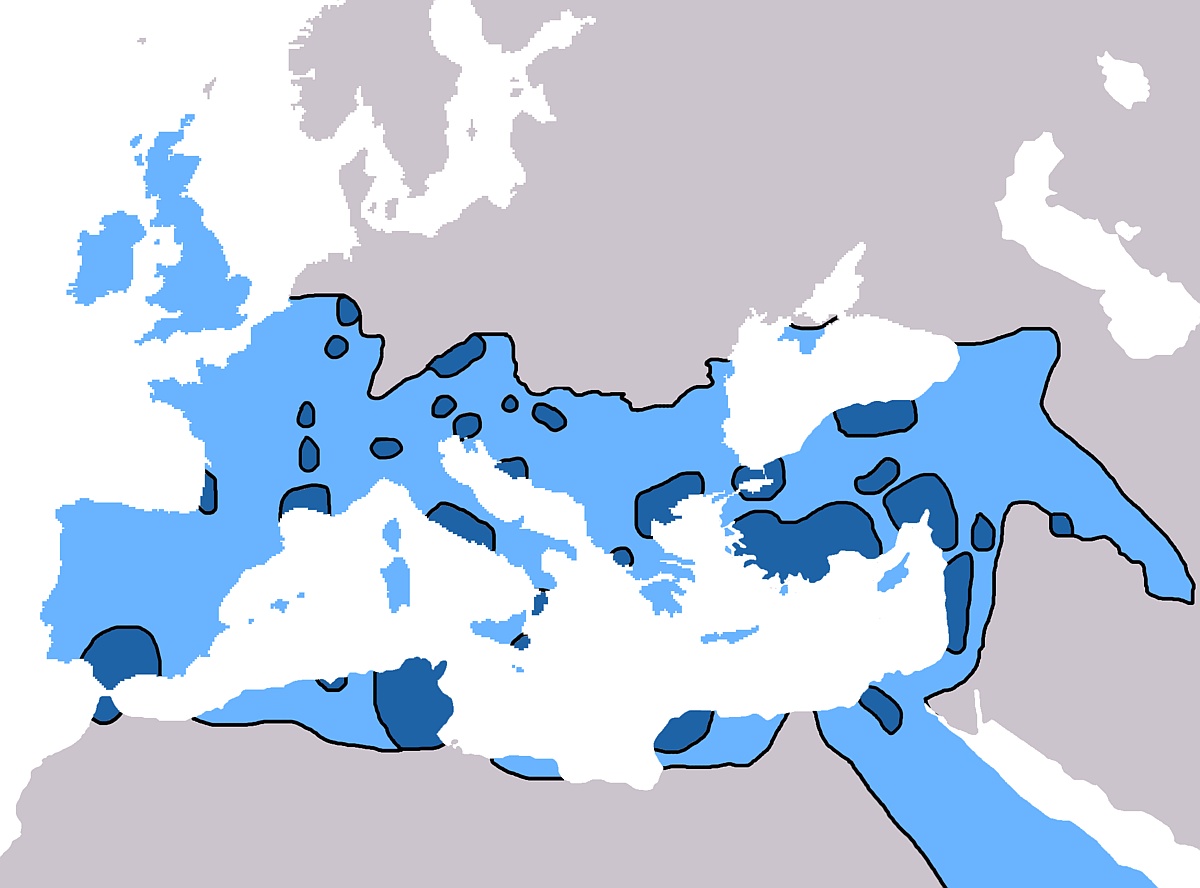 Rozprzestrzenianie się chrześcijaństwa w Imperium Rzymskim od 325 roku n.e. (ciemnoniebieski) do 600 roku n.e. (jasnoniebieski)