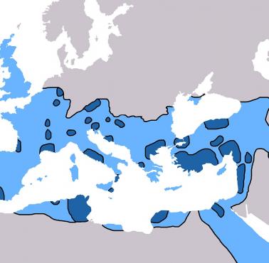 Rozprzestrzenianie się chrześcijaństwa w Imperium Rzymskim od 325 roku n.e. (ciemnoniebieski) do 600 roku n.e. (jasnoniebieski)