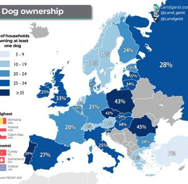 Popularność psów w Europie. Odsetek gospodarstw domowych posiadających psa, 2021
