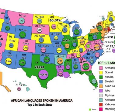 Top2 najpopularniejszych w USA języków afrykańskich z podziałem na stany, 2019