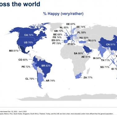 Poziom szczęścia na świecie, badanie IPSOS, 2023