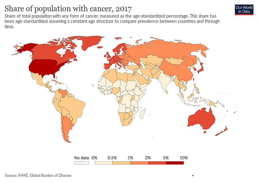 Odsetek osób, która zmarła na raka (nowotwory) na świecie, IHME, 2017