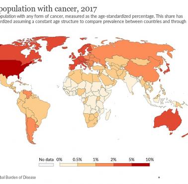 Odsetek osób, która zmarła na raka (nowotwory) na świecie, IHME, 2017