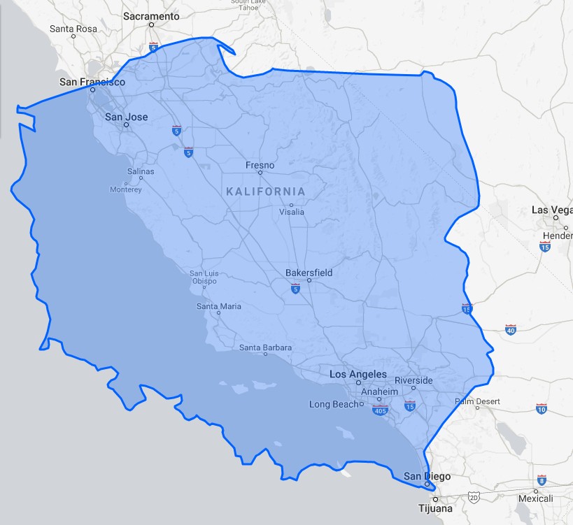 Obszar Polska nałożony na Kalifornię