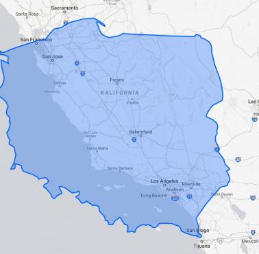 Obszar Polska nałożony na Kalifornię