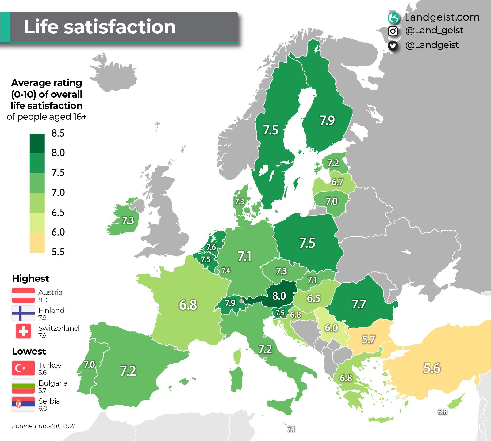 Mapa satysfakcji z życia mieszkańców poszczególnych krajów Europy, 2021