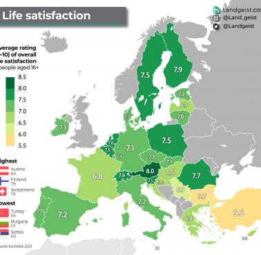 Mapa satysfakcji z życia mieszkańców poszczególnych krajów Europy, 2021