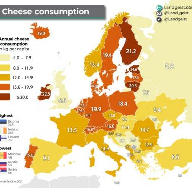 Konsumpcja (w kg) sera rocznie na głowę w Europie, 2021