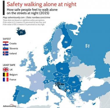 Odsetek osób, która nie boi się chodzić samotnie nocą w Europie, 2021