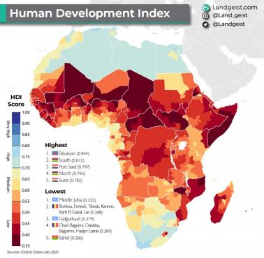 Wskaźnik rozwoju społecznego HDI (od ang. Human Development Index) w Afryce, 2021