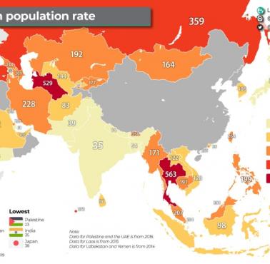 Liczba więźniów w Azji na 100 tys. mieszkańców, 2017-2019
