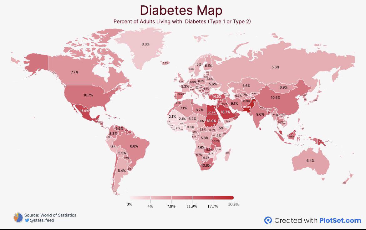 Częstość występowania cukrzycy (typ 1 i 2) na świecie według odsetka populacji