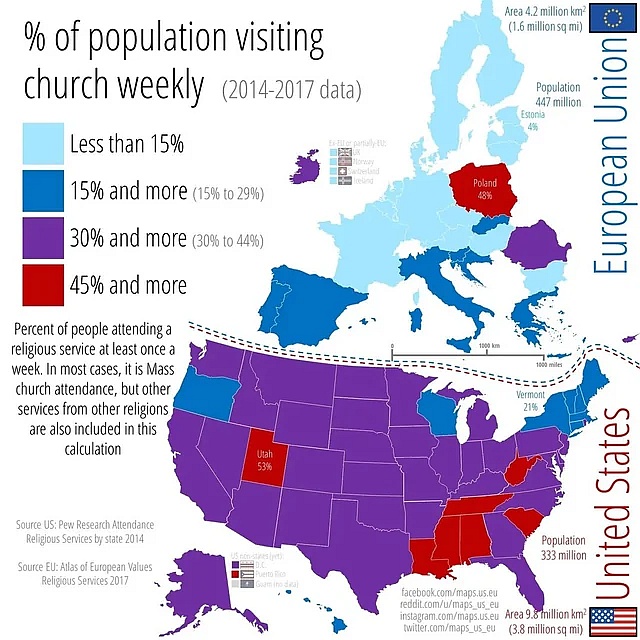 Odsetek osób uczestniczących w nabożeństwach religijnych co najmniej raz w tygodniu w UE i USA, 2014-2017