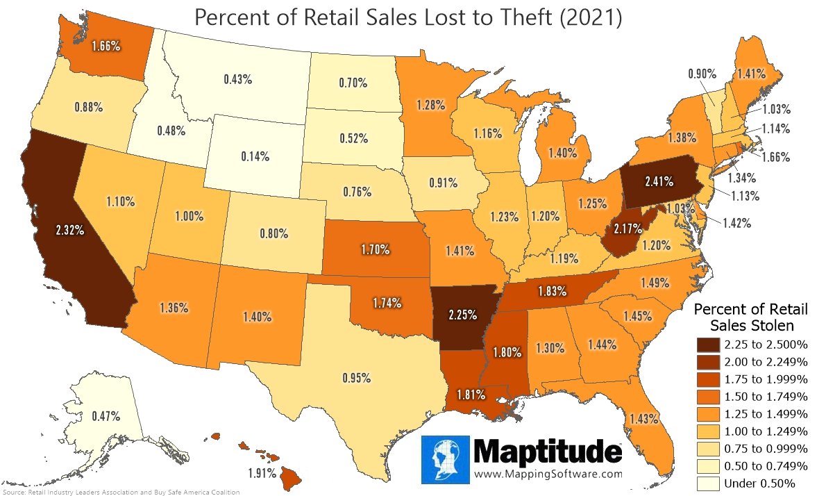 Wskaźniki kradzieży detalicznej według stanu USA, 2021