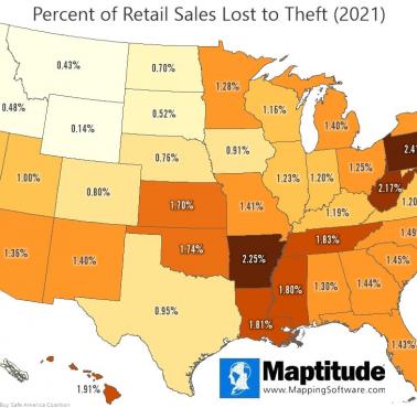 Wskaźniki kradzieży detalicznej według stanu USA, 2021