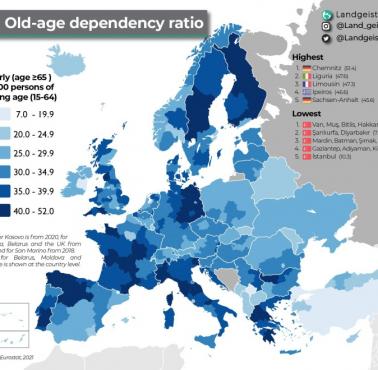 Odsetek starych ludzi (>65 lat) w Europie z podziałem na największe jednostki administracyjne, 2021
