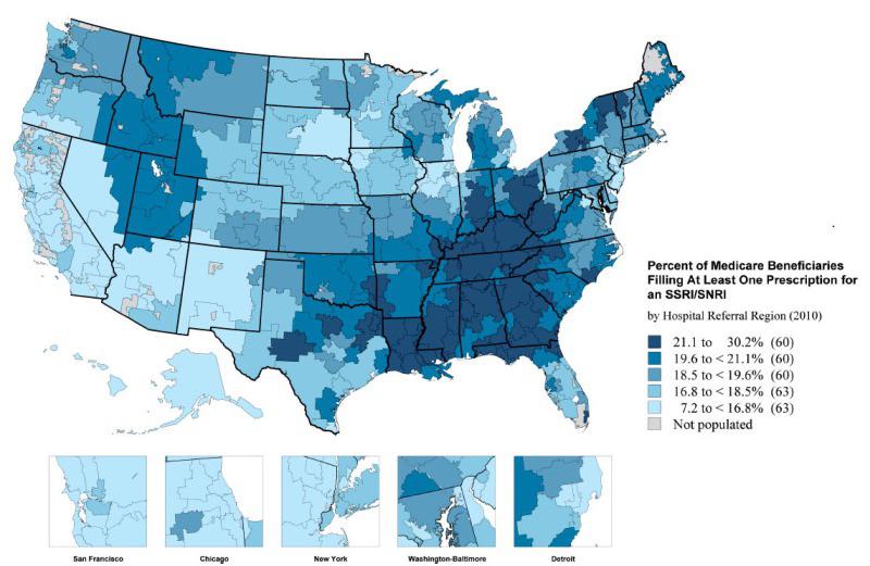Mapa stosowania leków przeciwdepresyjnych z podziałem na jednostki administracyjne w USA, 2010