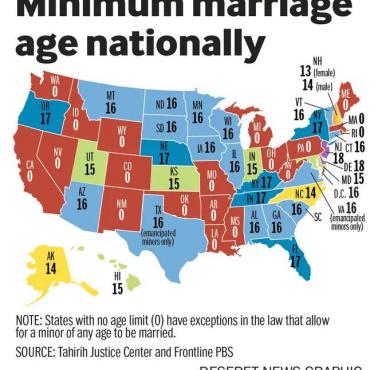 Minimalny dopuszczalny wiek do zawarcia małżeństwa w poszczególnych stanach USA