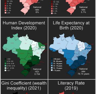 Wskaźnik rozwoju społecznego HDI (Human Development Index), spodziewana długość życia, analfabetyzm w Brazylii