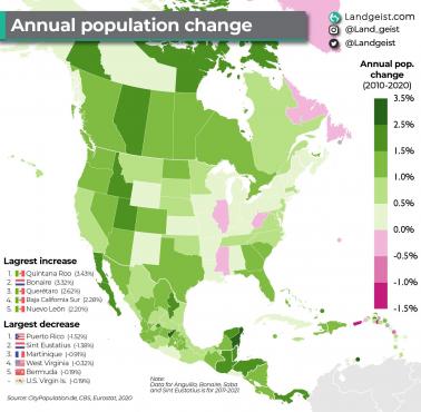 Roczna zmiana populacji w Ameryce Północnej w latach 2011-2021