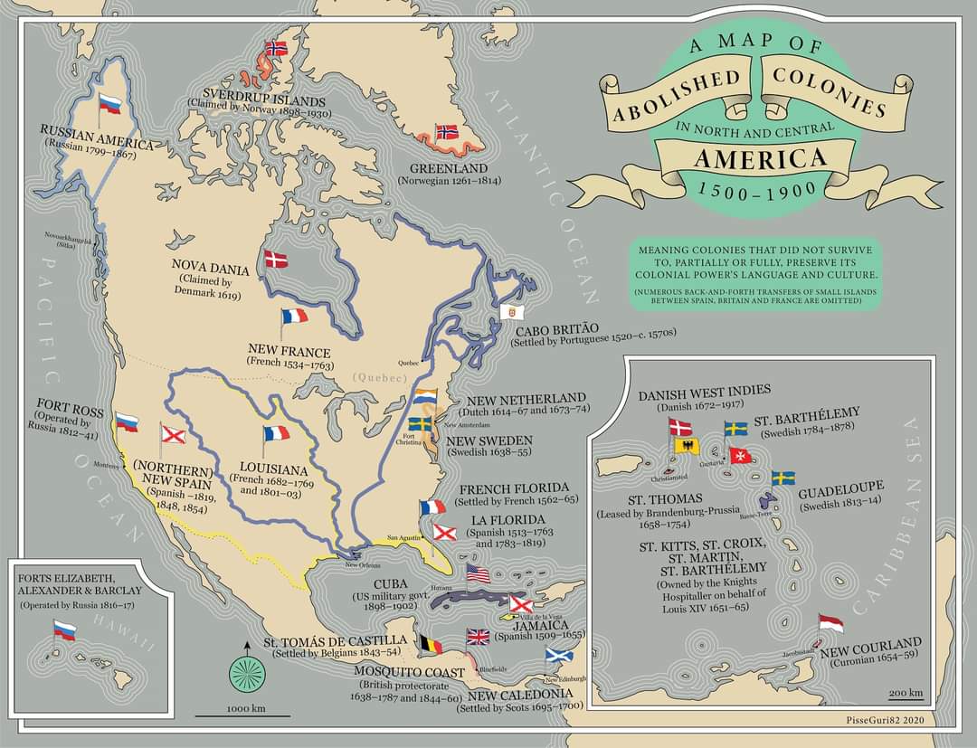 Powstawanie USA, zniesione kolonie w Ameryce Północnej w latach 1500-1900