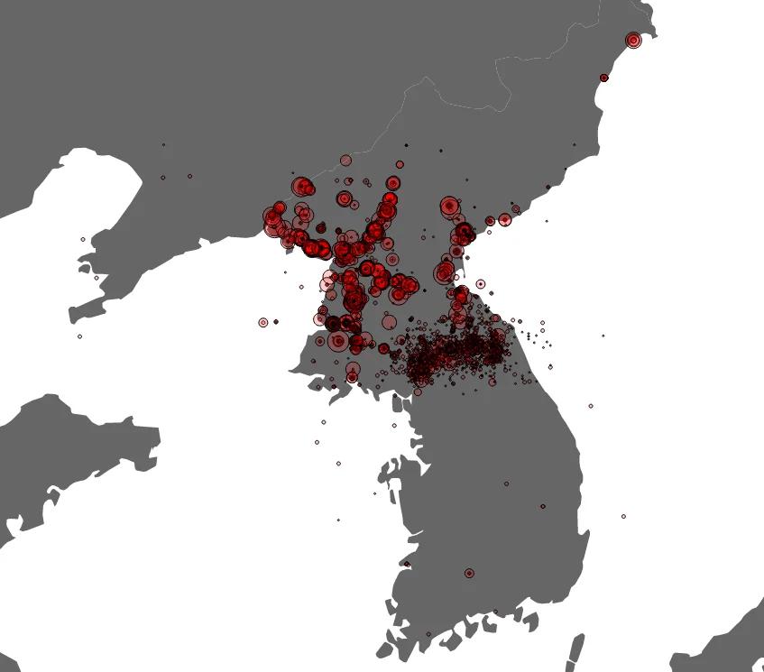 Strefy amerykańskiego bombardowania Korei Pn w latach 1950-1953