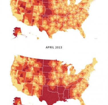 Odległość do najbliższego kliniki aborcyjnej w USA, 2013 vs. 2023