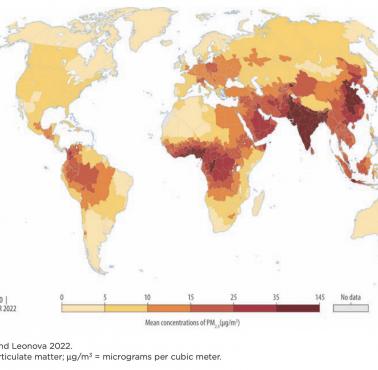 Zanieczyszczenie powietrza według krajów (PM2,5), 2022