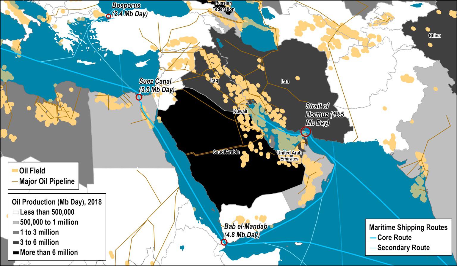 Mapa pól naftowych i rurociągów na Bliskim Wschodzie, 2018