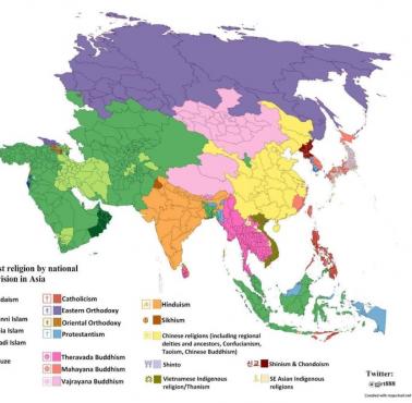 Największe religie w Azji z podziałem na największe jednostki administracyjne