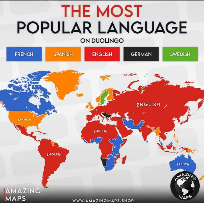 Najpopularniejszy język obcy w poszczególnych krajach na podstawie danych aplikacji Duolingo