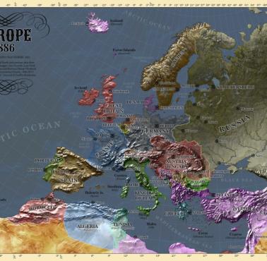 Reliefowa mapa Europy z 1886 roku, Dan Harris, topograficzna