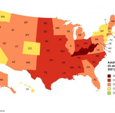 Współczynnik otyłości według stanu USA, 2021, CDC