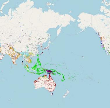 Mapa wszystkich 8572 języków zarejestrowanych w bazie danych języków Glottolog