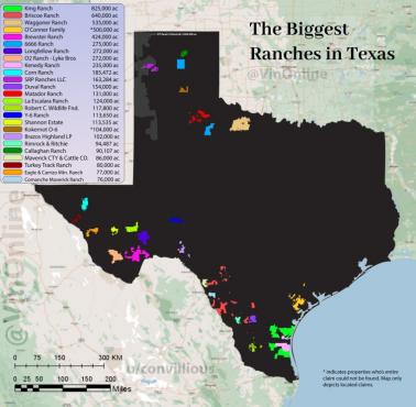 Największe prywatne rancza w Teksasie, 2023 r., dane GIS hrabstwa