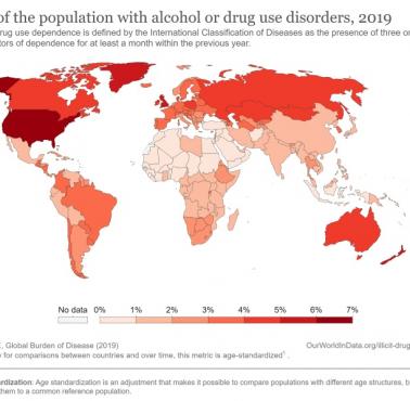 Kraje z najwyższym odsetkiem osób nadużywających alkohol lub narkotyków, 2019, IHME