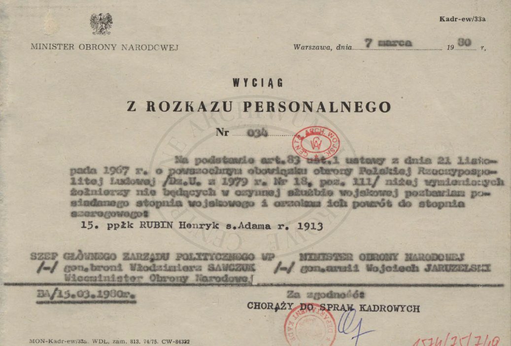 Aż do 1980 Wojciech Jaruzelski podpisywał rozkazy degradujące oficerów LWP żydowskiego pochodzenia do stopnia szeregowca