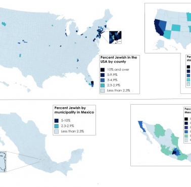 Odsetek ludności żydowskiej w USA i Meksyku według hrabstw