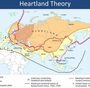 Mapa geopolityczna Halforda Johna Mackindera z podziałem na heartland i rimland, "The Geographical Pivot of History"