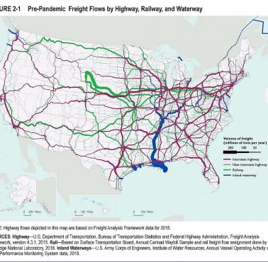 Obrót towarowy, najważniejsze arterie i szlaki transportowe USA (autostrady, linie kolejowe i drogi wodne), 2015