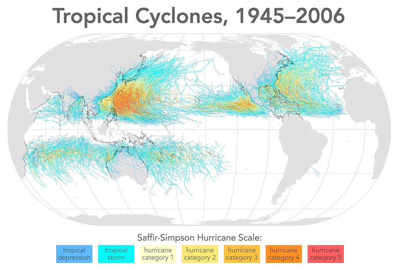Występowanie cyklonów tropikalnych (huraganów) w latach 1945-2006