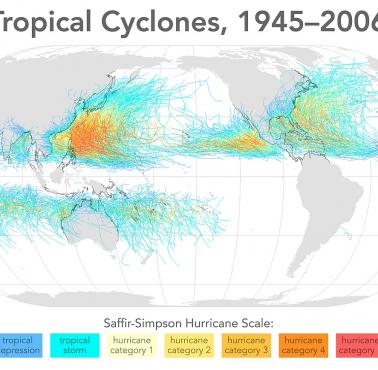 Występowanie cyklonów tropikalnych (huraganów) w latach 1945-2006
