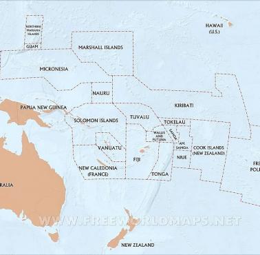 Przynależność państwowa wysp Oceanii. Mapa polityczna