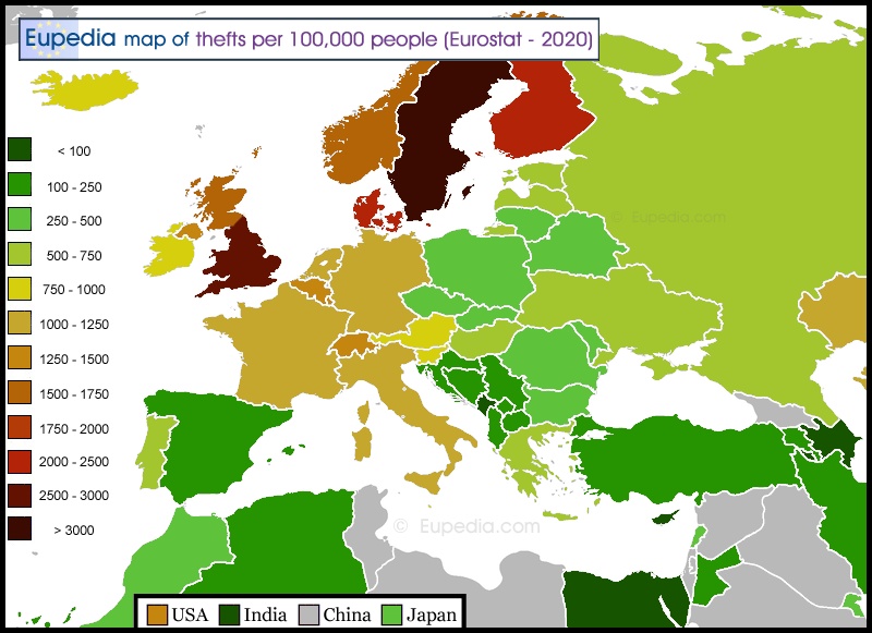 Kraje według wskaźnika kradzieży w Europie na 100 tys. mieszkańców, 2020