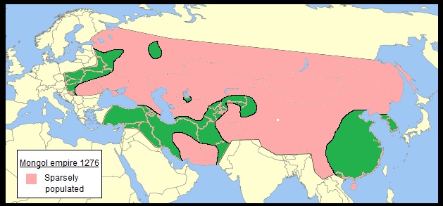 Imperium mongolskie w 1276 roku, kolorem różowym zaznaczono obszar słabo zaludniony